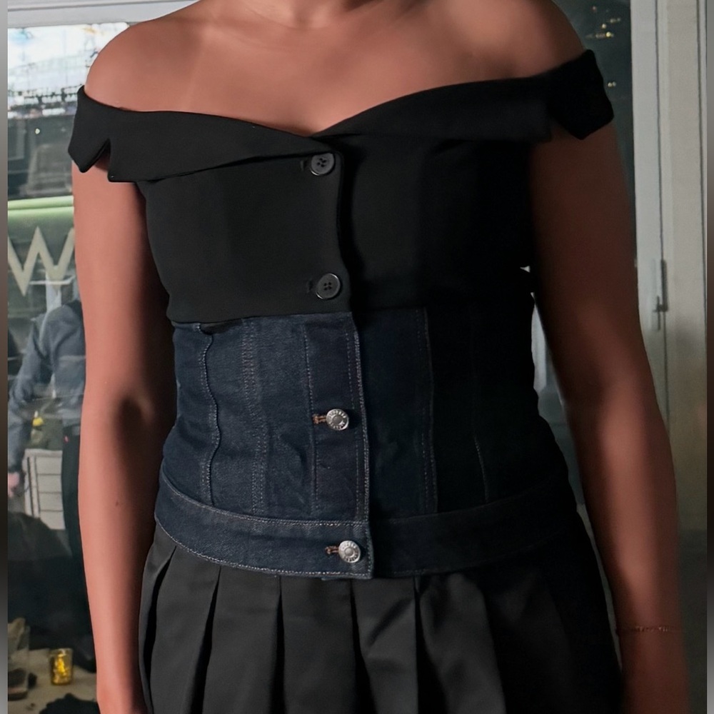 Black Off-Shoulder Top with Denim Accent